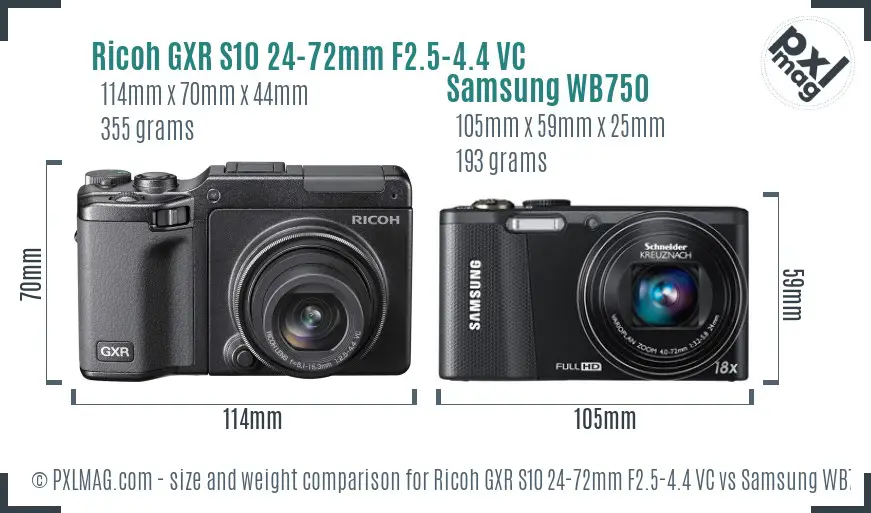 Ricoh GXR S10 24-72mm F2.5-4.4 VC vs Samsung WB750 size comparison