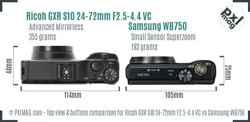 Ricoh GXR S10 24-72mm F2.5-4.4 VC vs Samsung WB750 top view buttons comparison