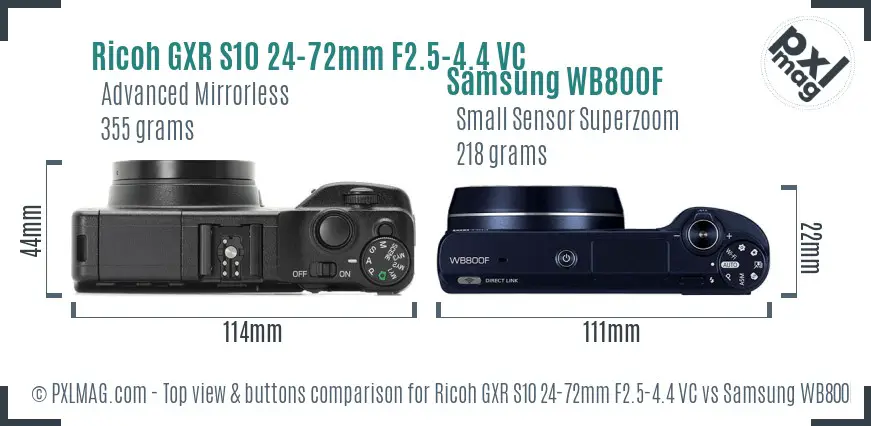 Ricoh GXR S10 24-72mm F2.5-4.4 VC vs Samsung WB800F top view buttons comparison