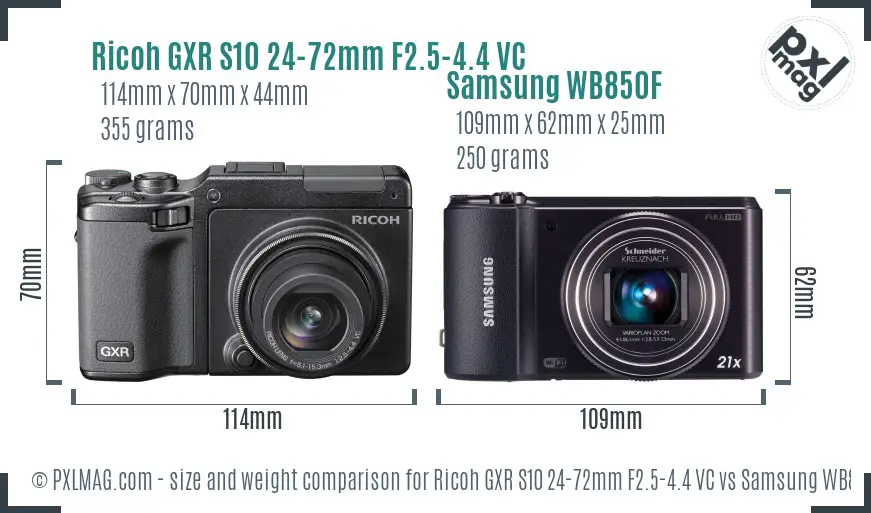 Ricoh GXR S10 24-72mm F2.5-4.4 VC vs Samsung WB850F size comparison