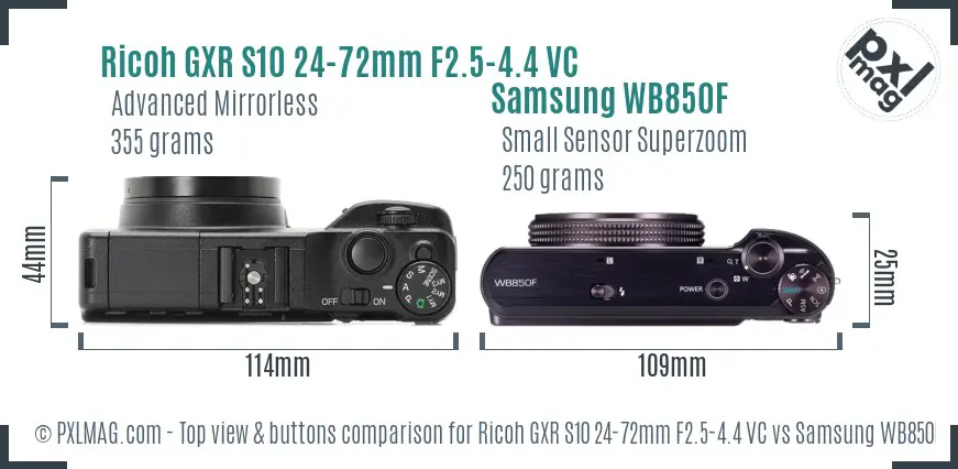 Ricoh GXR S10 24-72mm F2.5-4.4 VC vs Samsung WB850F top view buttons comparison