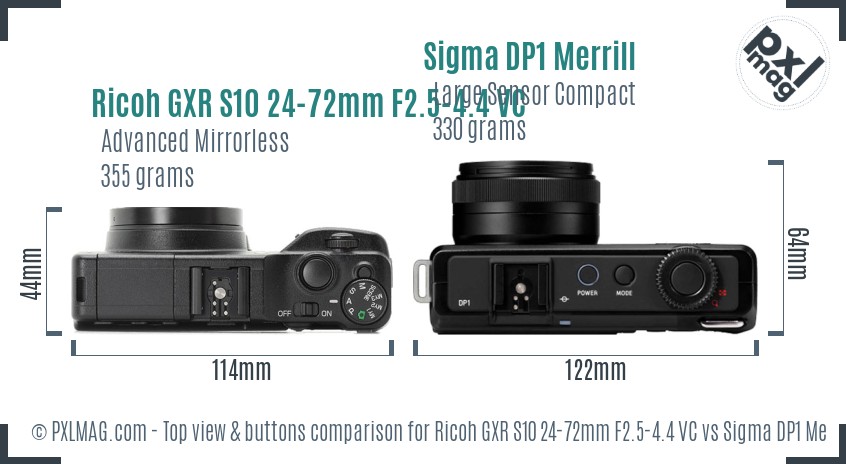 Ricoh GXR S10 24-72mm F2.5-4.4 VC vs Sigma DP1 Merrill top view buttons comparison