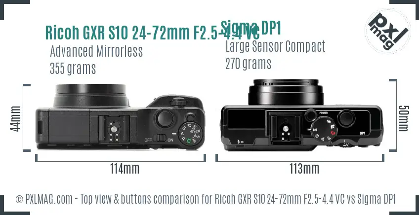 Ricoh GXR S10 24-72mm F2.5-4.4 VC vs Sigma DP1 top view buttons comparison