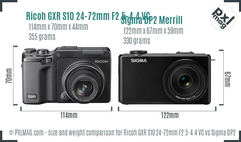 Ricoh GXR S10 24-72mm F2.5-4.4 VC vs Sigma DP2 Merrill size comparison