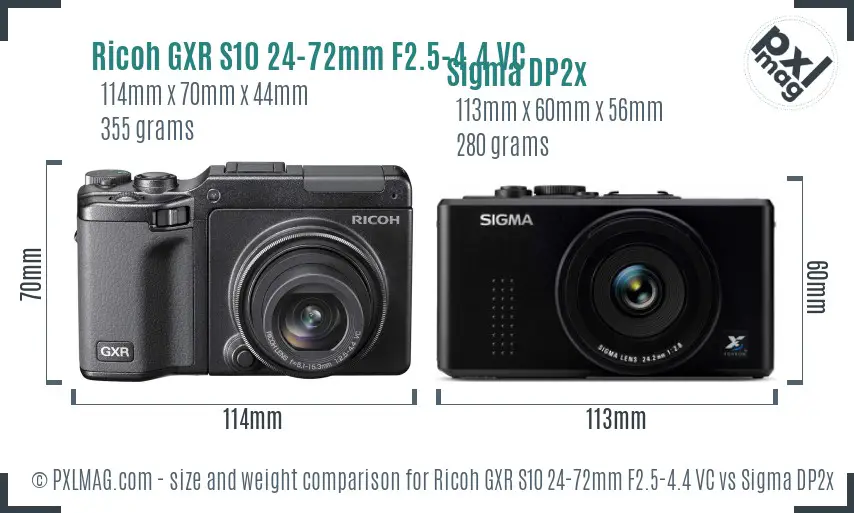 Ricoh GXR S10 24-72mm F2.5-4.4 VC vs Sigma DP2x size comparison