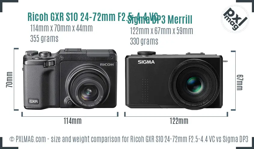 Ricoh GXR S10 24-72mm F2.5-4.4 VC vs Sigma DP3 Merrill size comparison