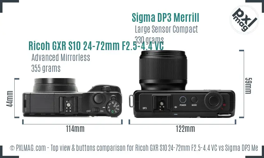 Ricoh GXR S10 24-72mm F2.5-4.4 VC vs Sigma DP3 Merrill top view buttons comparison