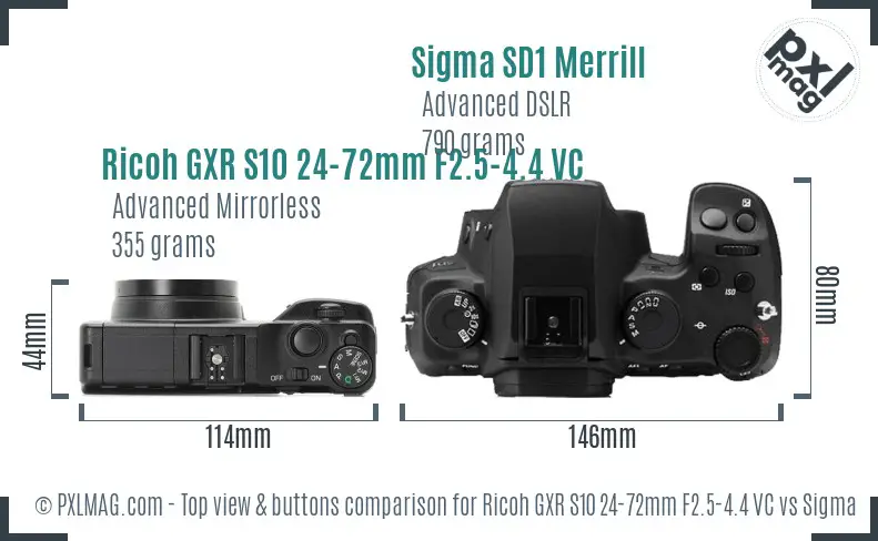 Ricoh GXR S10 24-72mm F2.5-4.4 VC vs Sigma SD1 Merrill top view buttons comparison