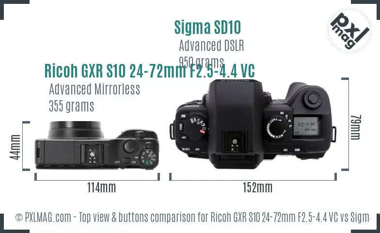 Ricoh GXR S10 24-72mm F2.5-4.4 VC vs Sigma SD10 top view buttons comparison