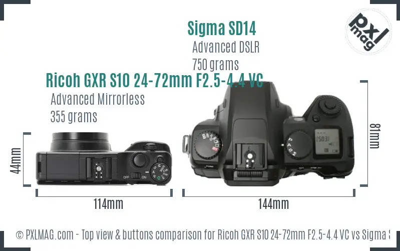Ricoh GXR S10 24-72mm F2.5-4.4 VC vs Sigma SD14 top view buttons comparison