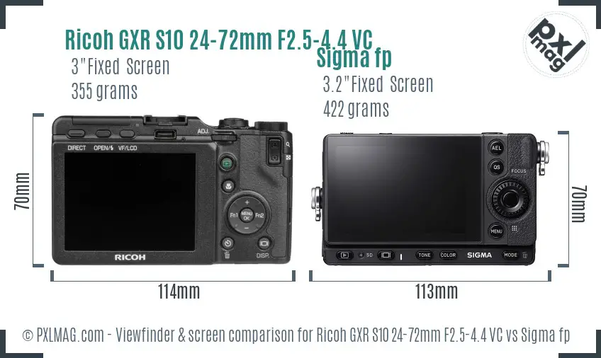 Ricoh GXR S10 24-72mm F2.5-4.4 VC vs Sigma fp Screen and Viewfinder comparison