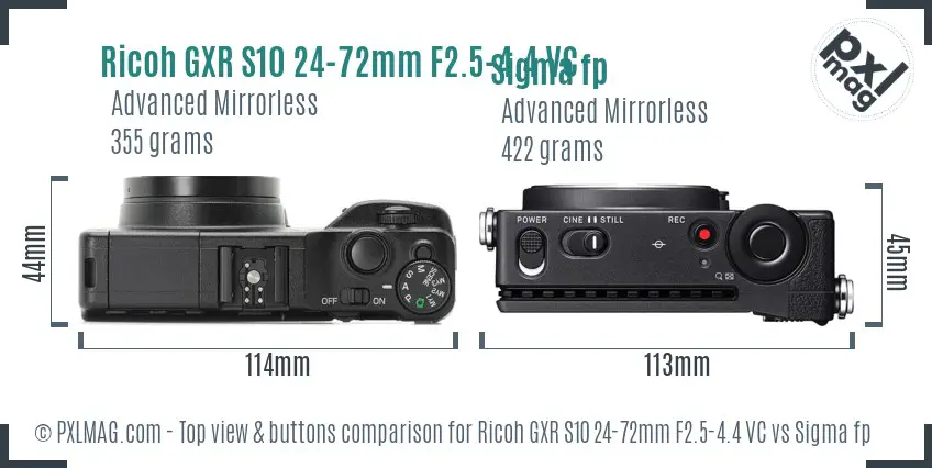 Ricoh GXR S10 24-72mm F2.5-4.4 VC vs Sigma fp top view buttons comparison