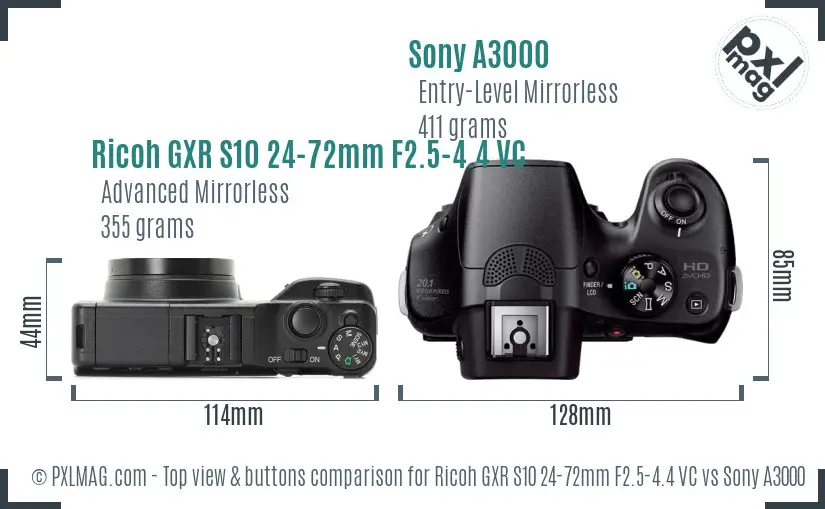 Ricoh GXR S10 24-72mm F2.5-4.4 VC vs Sony A3000 top view buttons comparison