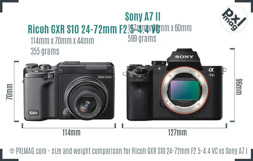 Ricoh GXR S10 24-72mm F2.5-4.4 VC vs Sony A7 II size comparison