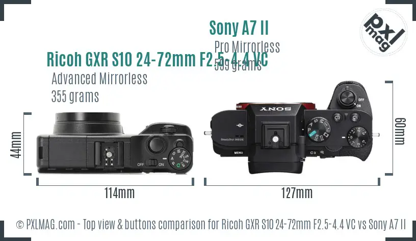 Ricoh GXR S10 24-72mm F2.5-4.4 VC vs Sony A7 II top view buttons comparison