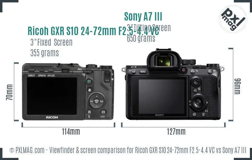 Ricoh GXR S10 24-72mm F2.5-4.4 VC vs Sony A7 III Screen and Viewfinder comparison
