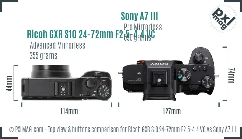 Ricoh GXR S10 24-72mm F2.5-4.4 VC vs Sony A7 III top view buttons comparison