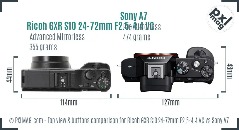 Ricoh GXR S10 24-72mm F2.5-4.4 VC vs Sony A7 top view buttons comparison