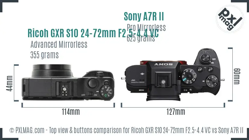 Ricoh GXR S10 24-72mm F2.5-4.4 VC vs Sony A7R II top view buttons comparison