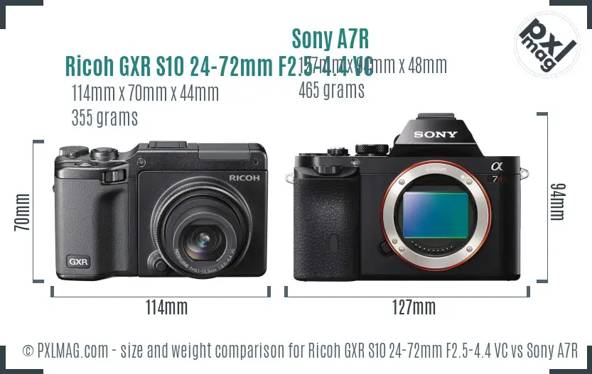 Ricoh GXR S10 24-72mm F2.5-4.4 VC vs Sony A7R size comparison