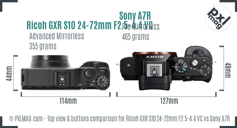 Ricoh GXR S10 24-72mm F2.5-4.4 VC vs Sony A7R top view buttons comparison