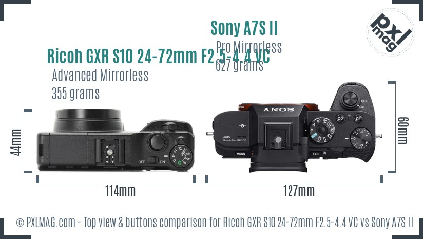 Ricoh GXR S10 24-72mm F2.5-4.4 VC vs Sony A7S II top view buttons comparison