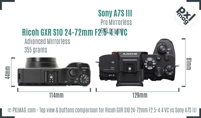 Ricoh GXR S10 24-72mm F2.5-4.4 VC vs Sony A7S III top view buttons comparison
