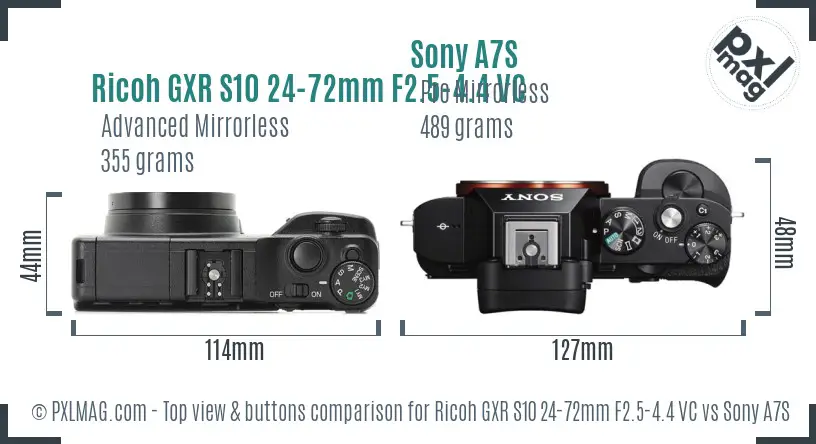 Ricoh GXR S10 24-72mm F2.5-4.4 VC vs Sony A7S top view buttons comparison