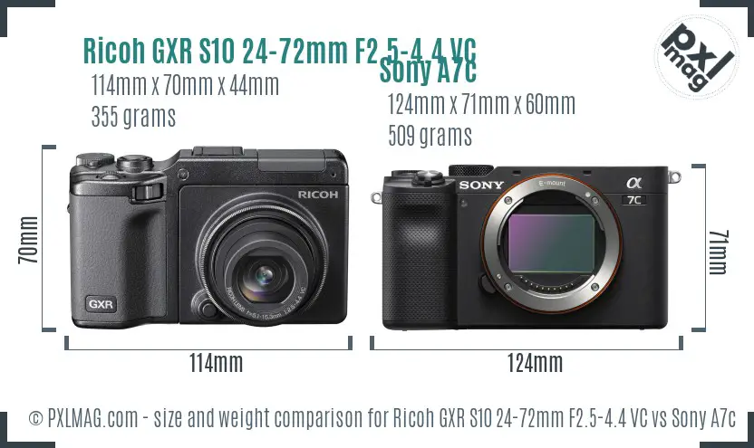Ricoh GXR S10 24-72mm F2.5-4.4 VC vs Sony A7c size comparison