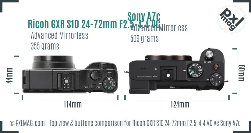 Ricoh GXR S10 24-72mm F2.5-4.4 VC vs Sony A7c top view buttons comparison