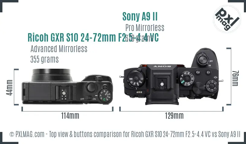 Ricoh GXR S10 24-72mm F2.5-4.4 VC vs Sony A9 II top view buttons comparison Ricoh GXR S10 24-72mm F2.5-4.4 VC vs Sony A9 II top view buttons comparison