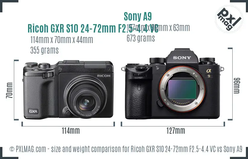 Ricoh GXR S10 24-72mm F2.5-4.4 VC vs Sony A9 size comparison