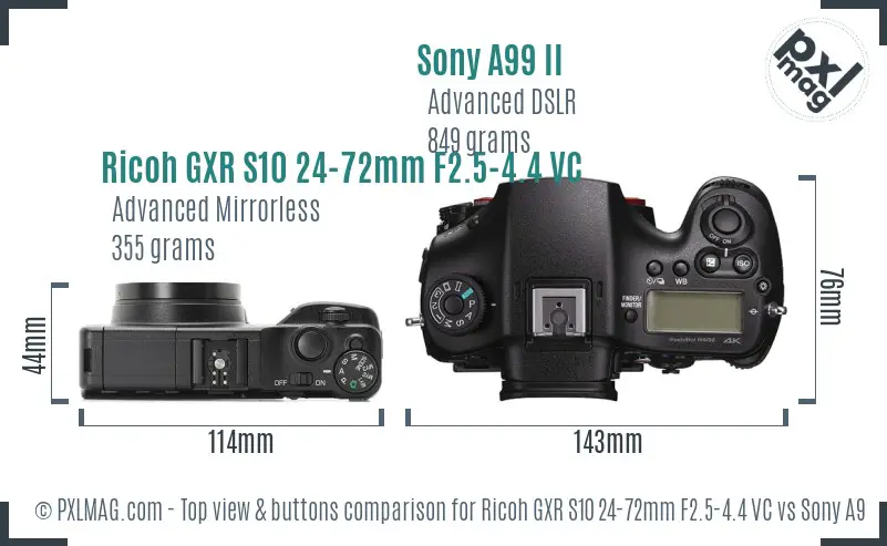 Ricoh GXR S10 24-72mm F2.5-4.4 VC vs Sony A99 II top view buttons comparison