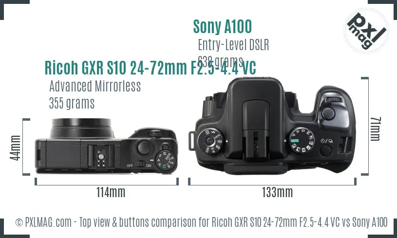 Ricoh GXR S10 24-72mm F2.5-4.4 VC vs Sony A100 top view buttons comparison Ricoh GXR S10 24-72mm F2.5-4.4 VC vs Sony A100 top view buttons comparison