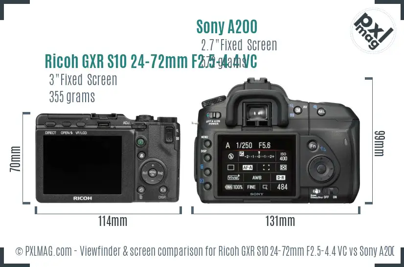 Ricoh GXR S10 24-72mm F2.5-4.4 VC vs Sony A200 Screen and Viewfinder comparison