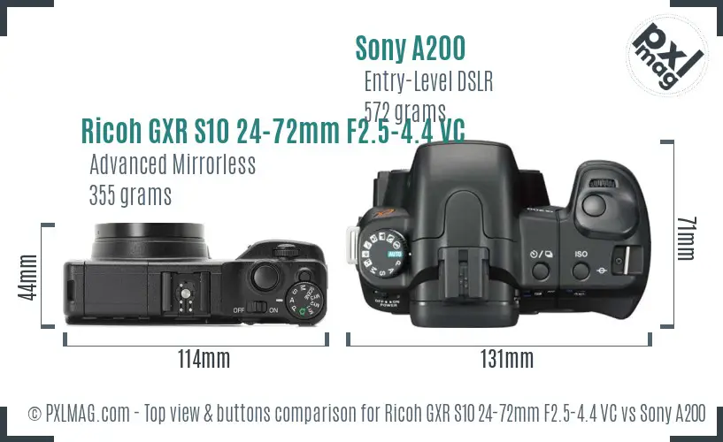 Ricoh GXR S10 24-72mm F2.5-4.4 VC vs Sony A200 top view buttons comparison