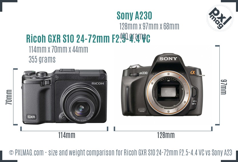 Ricoh GXR S10 24-72mm F2.5-4.4 VC vs Sony A230 size comparison