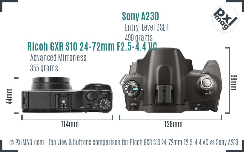 Ricoh GXR S10 24-72mm F2.5-4.4 VC vs Sony A230 top view buttons comparison