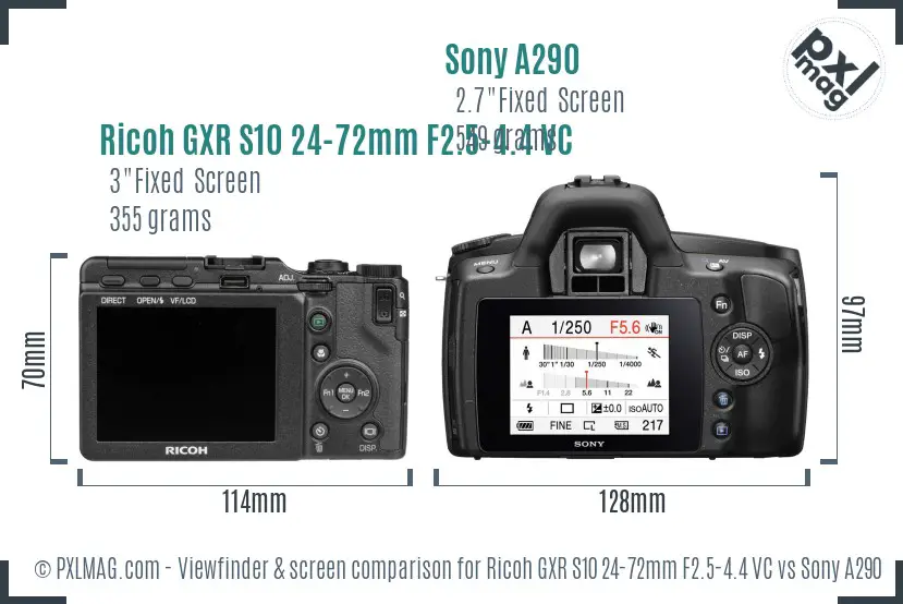 Ricoh GXR S10 24-72mm F2.5-4.4 VC vs Sony A290 Screen and Viewfinder comparison