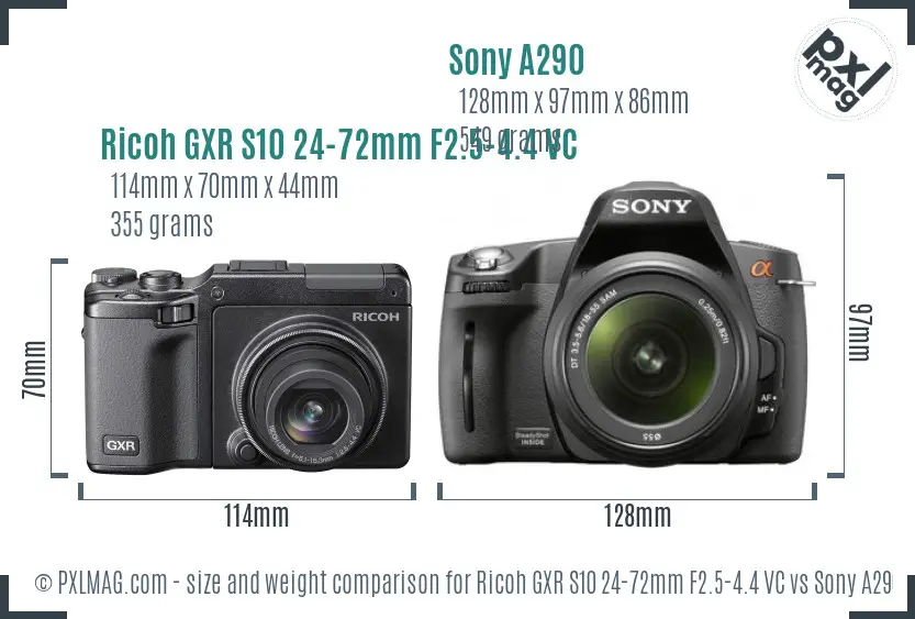 Ricoh GXR S10 24-72mm F2.5-4.4 VC vs Sony A290 size comparison