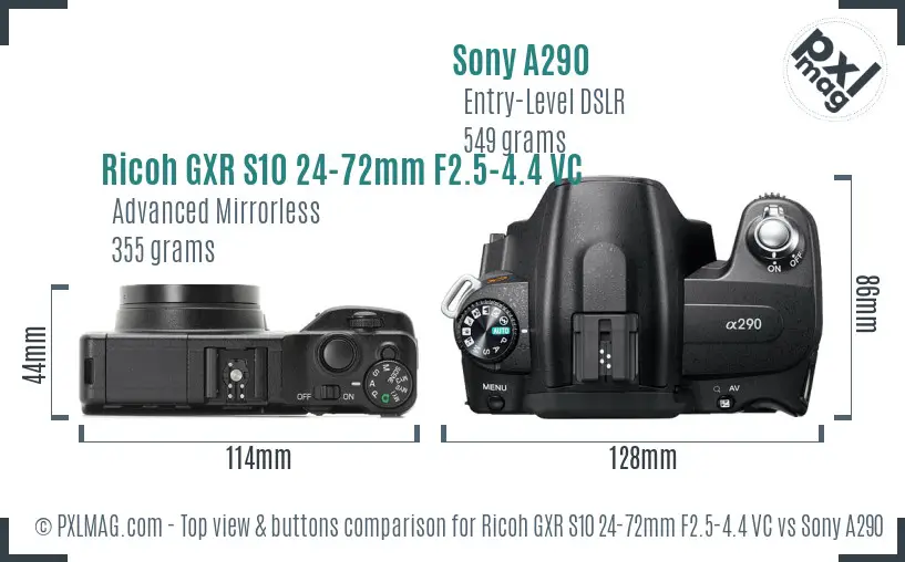 Ricoh GXR S10 24-72mm F2.5-4.4 VC vs Sony A290 top view buttons comparison