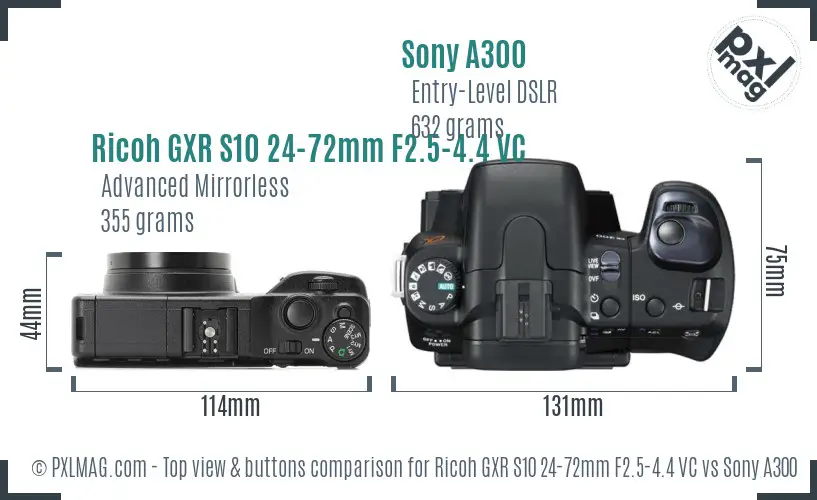 Ricoh GXR S10 24-72mm F2.5-4.4 VC vs Sony A300 top view buttons comparison Ricoh GXR S10 24-72mm F2.5-4.4 VC vs Sony A300 top view buttons comparison