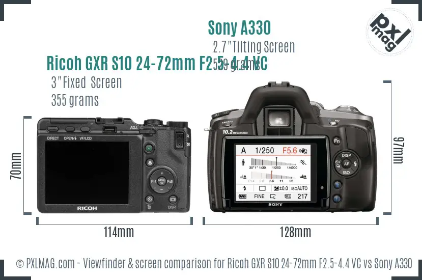 Ricoh GXR S10 24-72mm F2.5-4.4 VC vs Sony A330 Screen and Viewfinder comparison