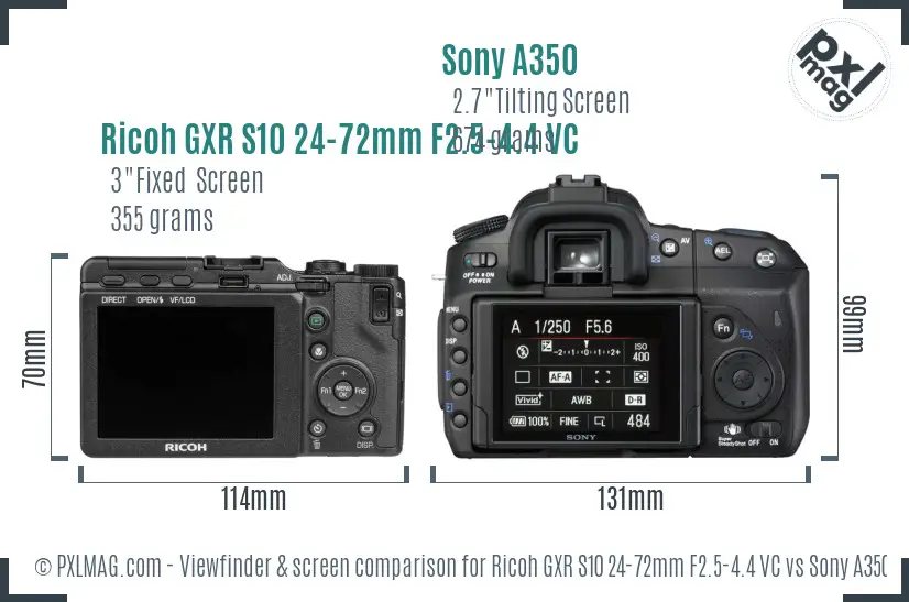 Ricoh GXR S10 24-72mm F2.5-4.4 VC vs Sony A350 Screen and Viewfinder comparison