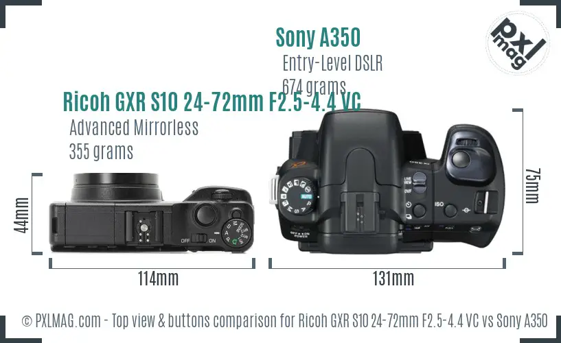 Ricoh GXR S10 24-72mm F2.5-4.4 VC vs Sony A350 top view buttons comparison