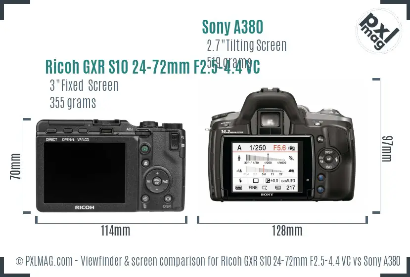 Ricoh GXR S10 24-72mm F2.5-4.4 VC vs Sony A380 Screen and Viewfinder comparison