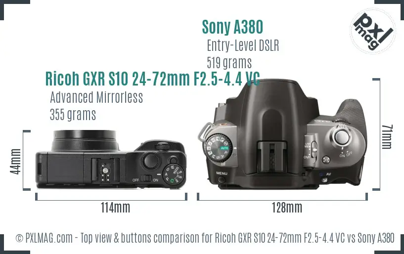 Ricoh GXR S10 24-72mm F2.5-4.4 VC vs Sony A380 top view buttons comparison