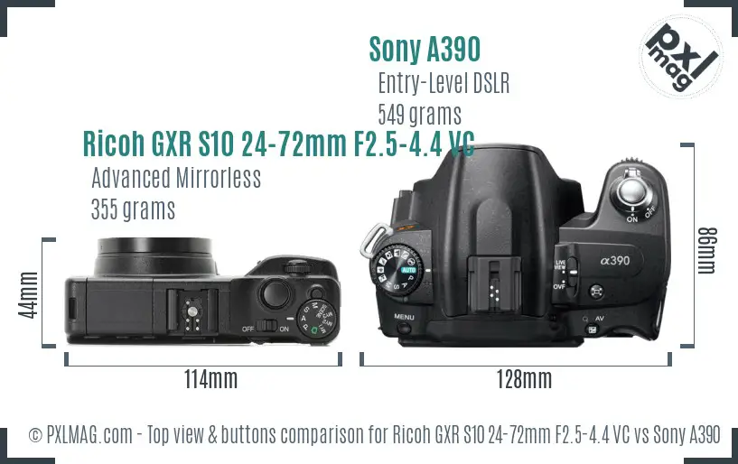 Ricoh GXR S10 24-72mm F2.5-4.4 VC vs Sony A390 top view buttons comparison Ricoh GXR S10 24-72mm F2.5-4.4 VC vs Sony A390 top view buttons comparison