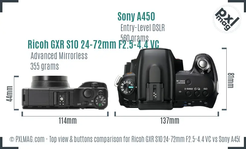 Ricoh GXR S10 24-72mm F2.5-4.4 VC vs Sony A450 top view buttons comparison