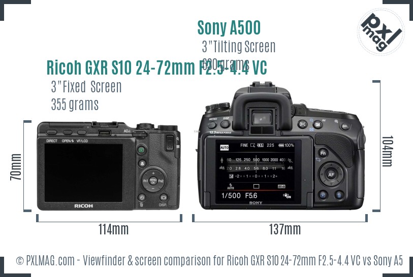 Ricoh GXR S10 24-72mm F2.5-4.4 VC vs Sony A500 Screen and Viewfinder comparison